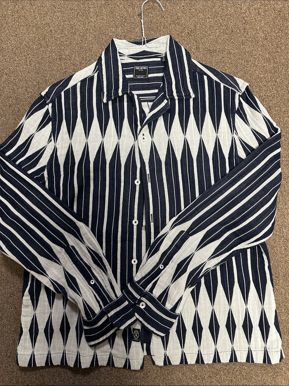 Todd Snyder Navy and White Geometric Stripe Button-Down Shirt